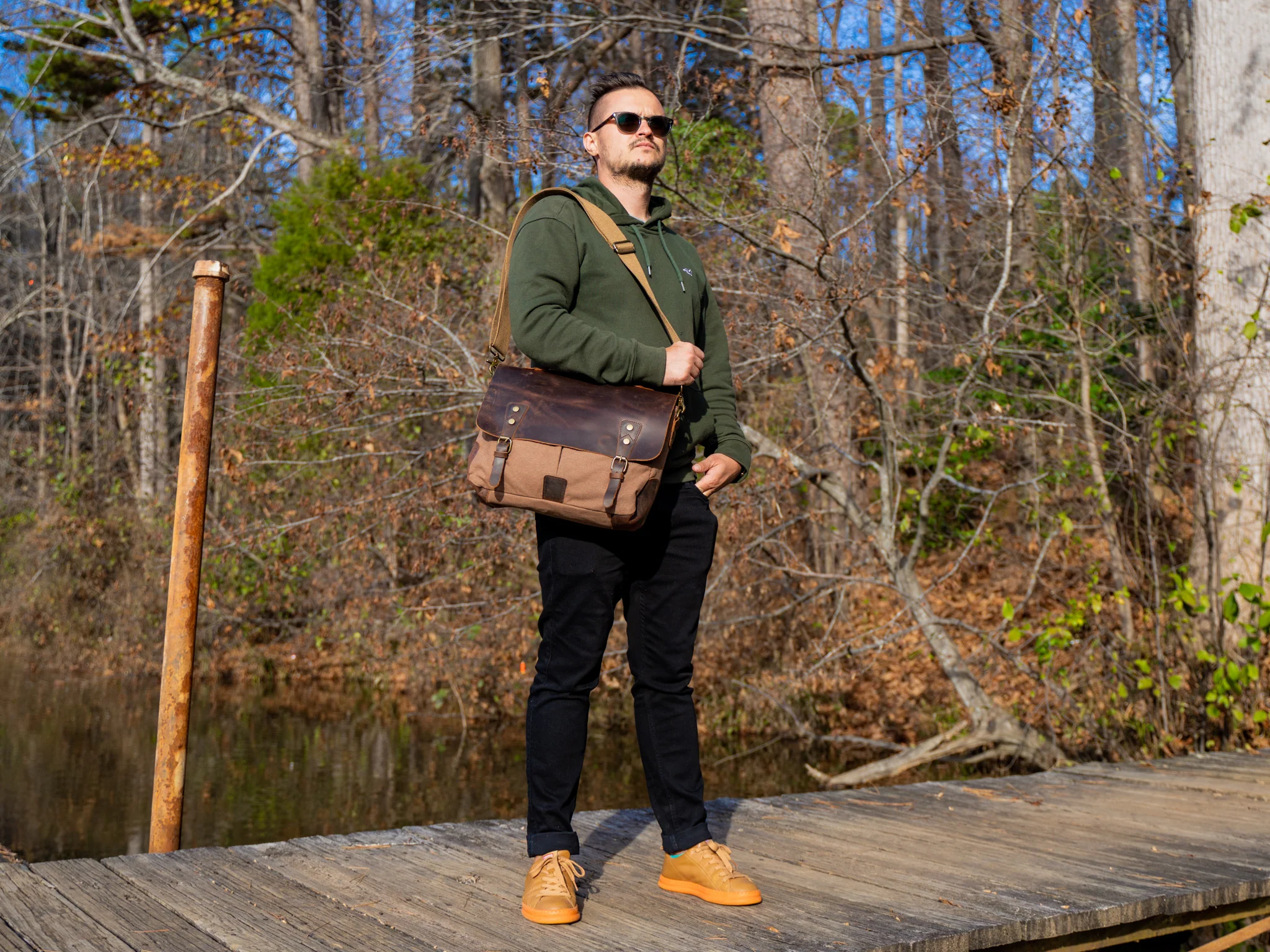 Canvas and Leather Cross Body Bag York - Brown - Image 3