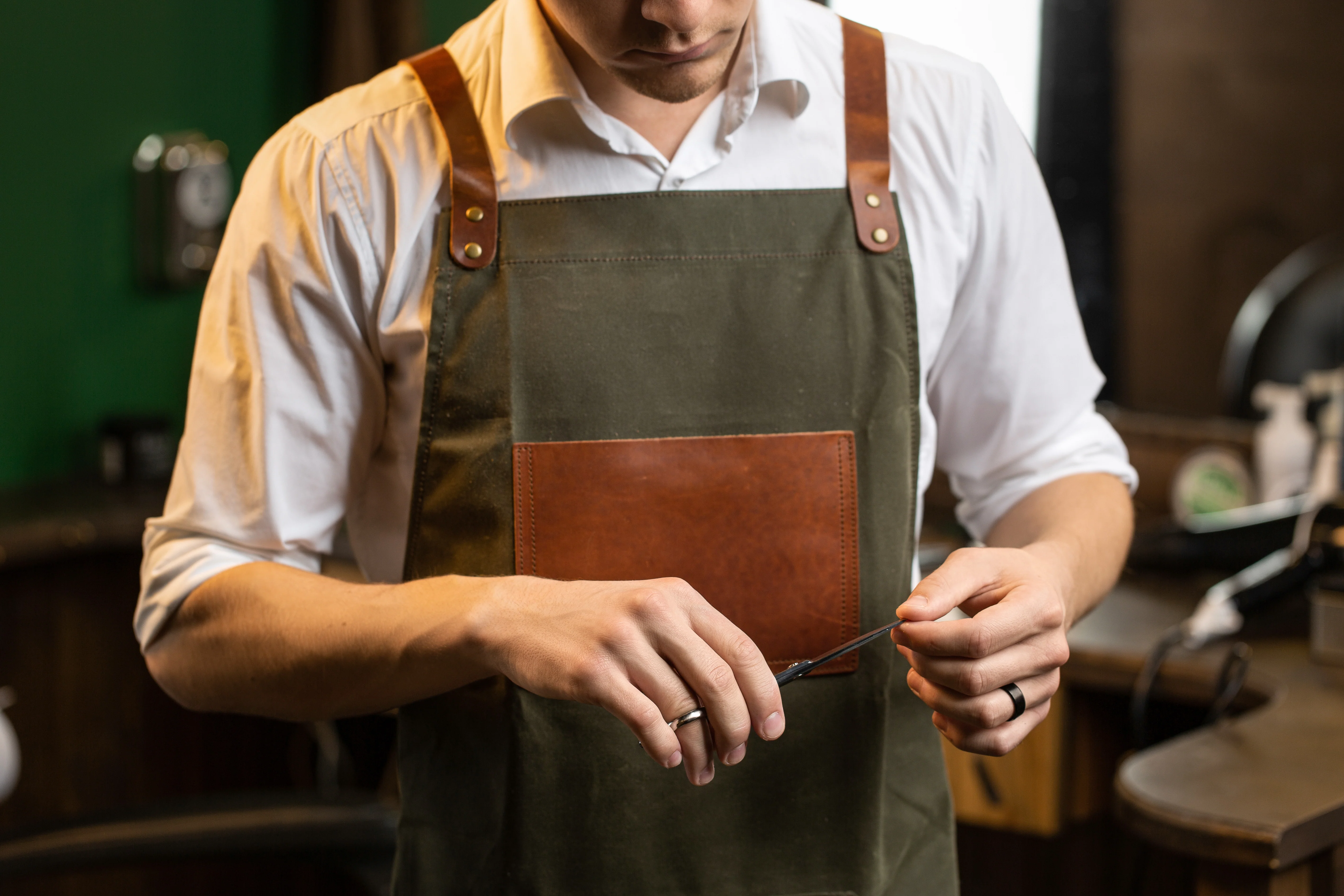 Waxed Canvas and Leather Apron - Green - Image 11