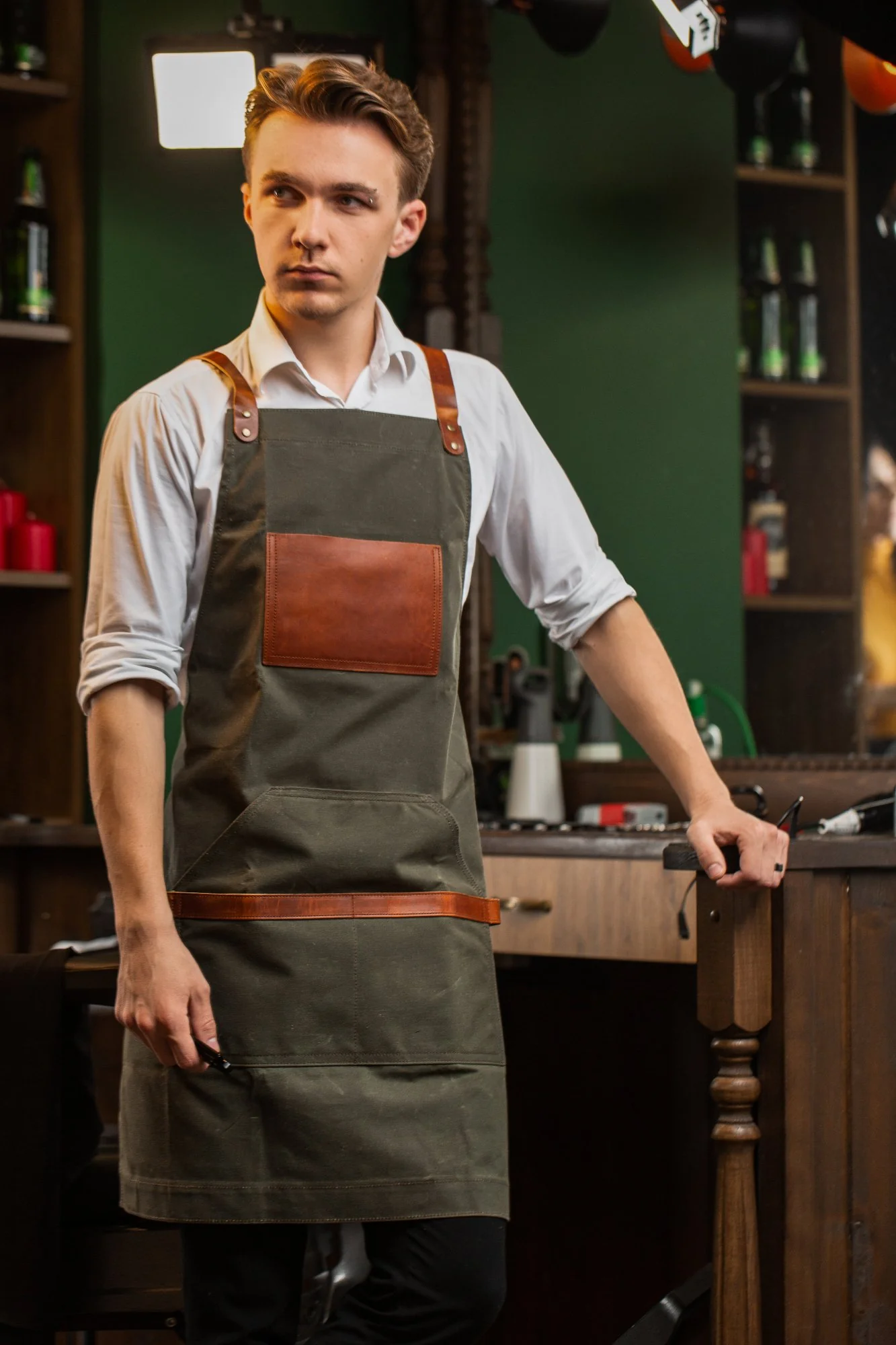 Waxed Canvas and Leather Apron - Green - Image 7